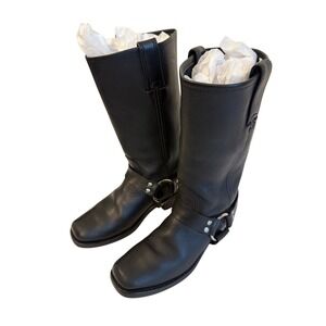 VTG 90s Y2K Frye Black Leather Harness Moto Biker Boots Square Toe 7 7.5 USA EUC